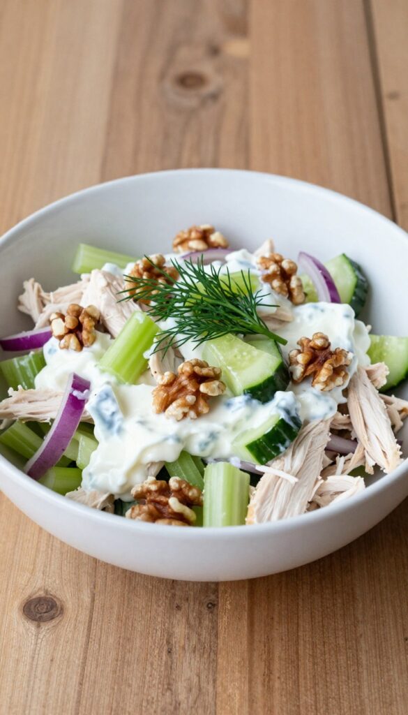 A creamy Greek yogurt chicken salad with shredded chicken, vegetables, and walnuts in a bowl, representing a low-carb, low-cholesterol recipe without mayonnaise