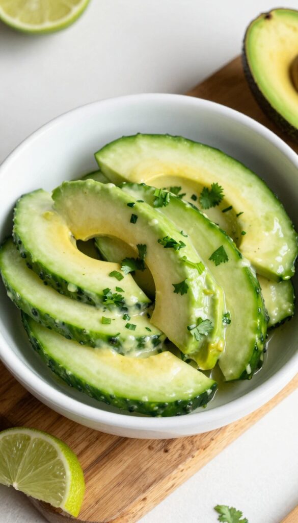 Creamy avocado and lime cucumber salad in a bowl with fresh cilantro