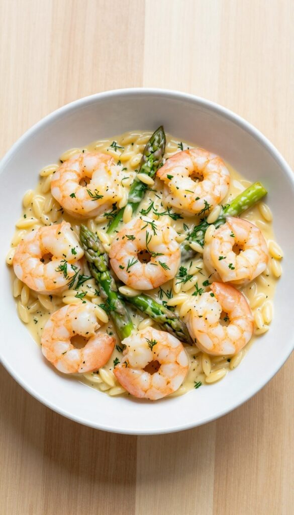 Creamy lemon herb shrimp pasta salad with orzo, shrimp, and asparagus in a white bowl.