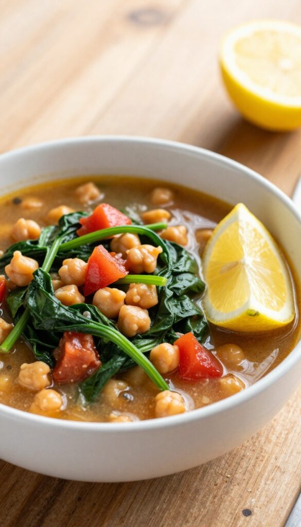 A close-up, photorealistic image of a heart-healthy chickpea and spinach stew with tomatoes, served in a bowl with a lemon wedge, showcasing its appetizing texture and vibrant colors in natural light.