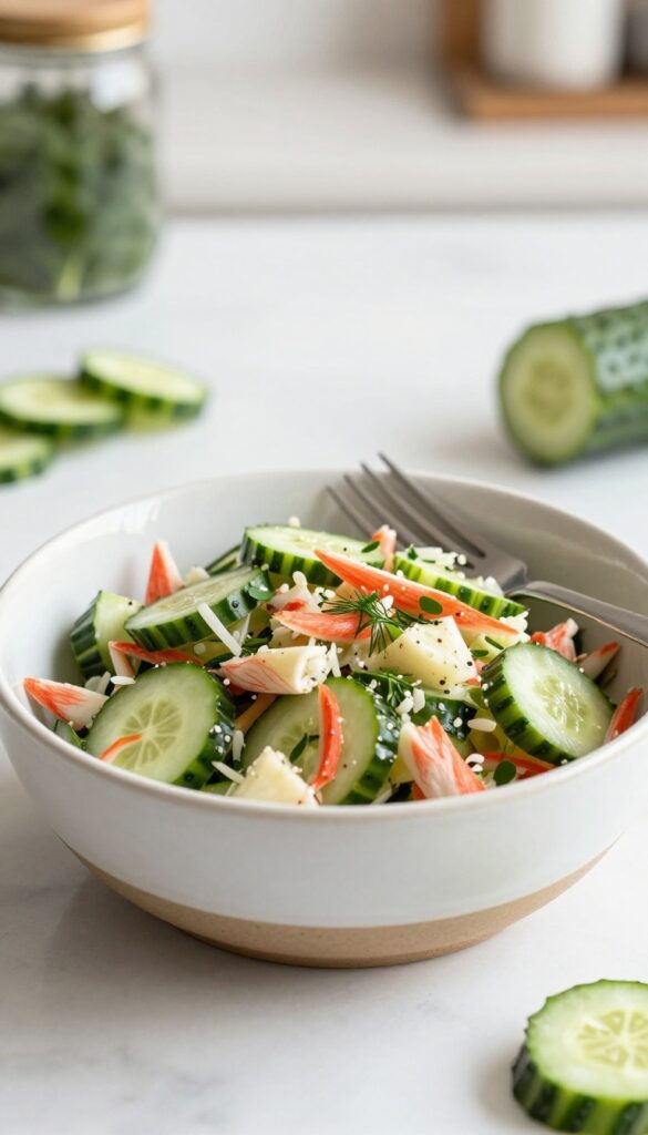 Crab cucumber salad served in a bowl with fork