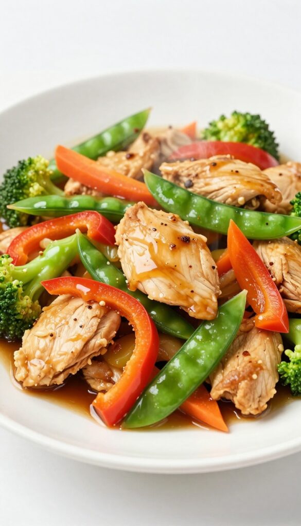 A close-up view of a healthy chicken stir fry with ginger soy sauce, showing tender chicken and colorful vegetables like bell peppers and broccoli in a pan, ready to serve.
