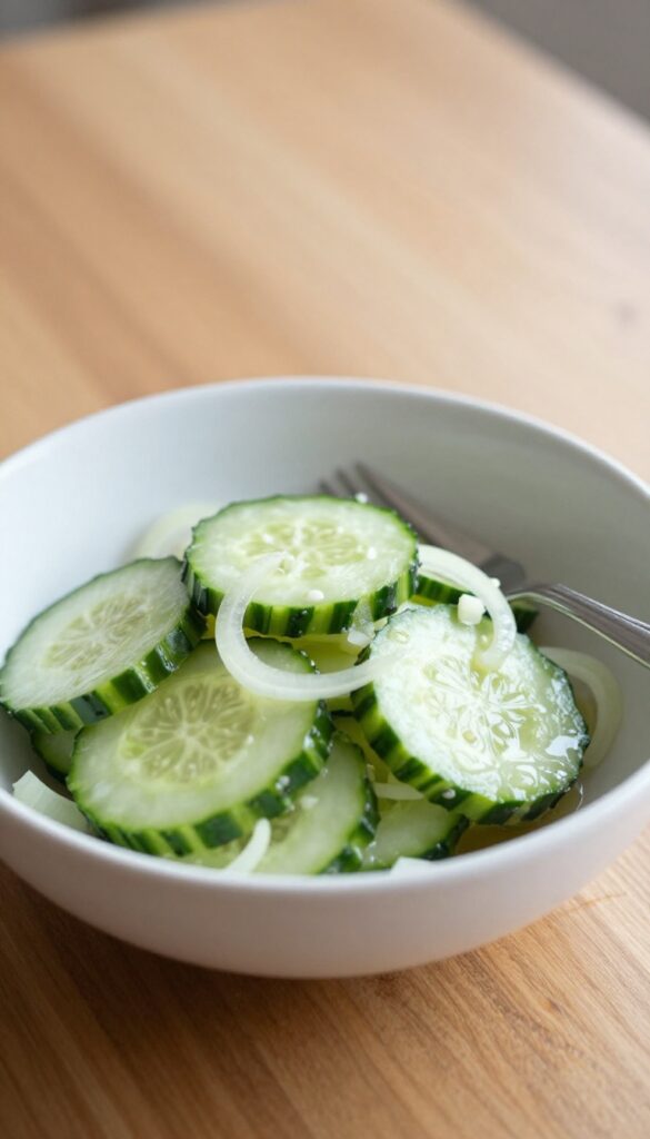 Marinated cucumber salad in a white bowl on a wooden table with a fork.