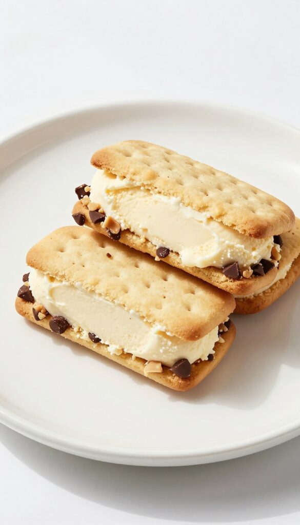 A close-up of a biscuit ice cream sandwich with chocolate chips and nuts on the edges, placed on a white plate in natural light.