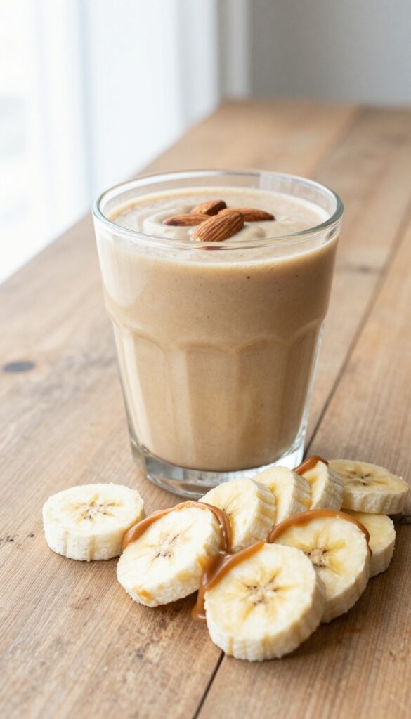 Creamy Nutty Banana Almond Joy Smoothie in a glass with banana slices and almond butter, bright natural light, rustic setting.