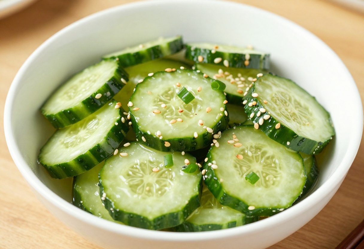 Sesame Rice Vinegar Cucumber Salad with sliced cucumbers in a savory dressing with sesame seeds
