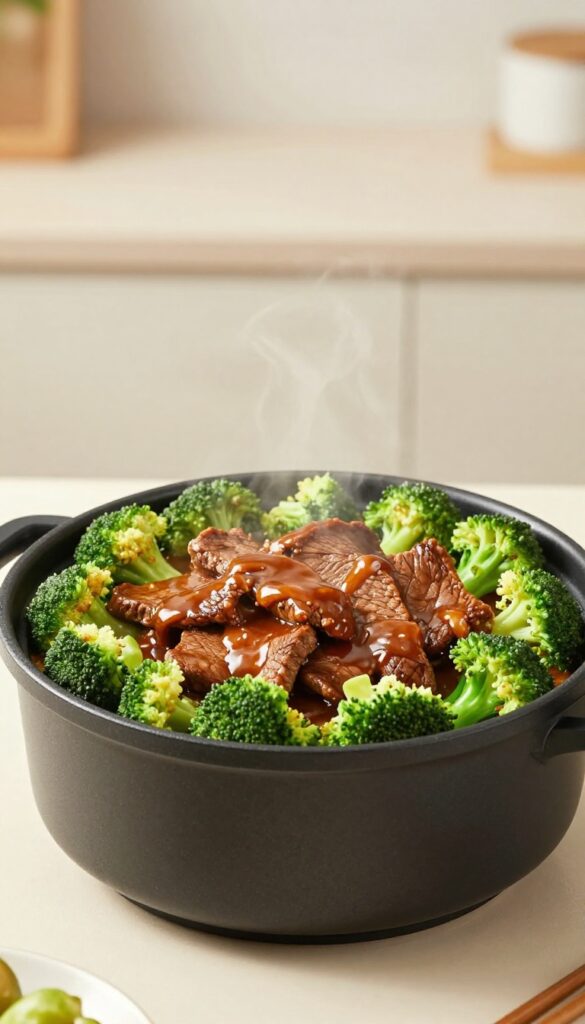 Instant Pot teriyaki beef and broccoli dish with tender beef and crisp broccoli in a glossy sauce, served in a clean kitchen setting.
