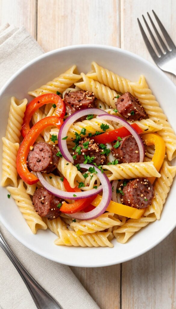 Spicy sausage and pepper rotini pasta salad in a white bowl on a wooden table.