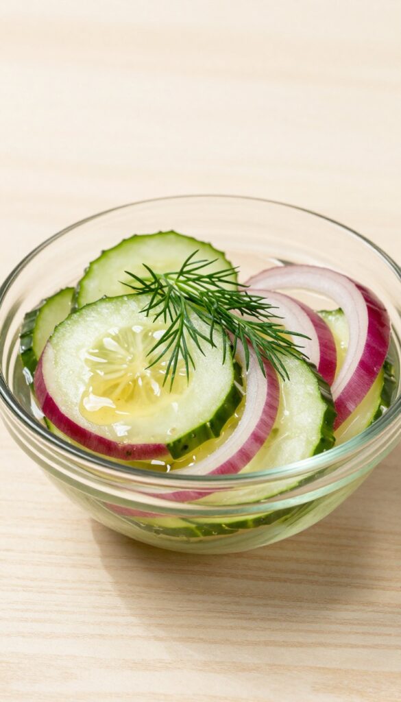 A close-up of a crisp cucumber salad with red onions and dill in a vinegar dressing, served in a glass bowl on a wooden surface, ideal for a blog about quick side dishes.