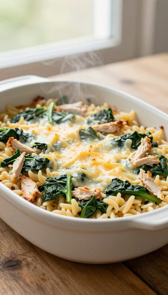 A close-up view of a baked spinach and chicken orzo dish with a golden-brown cheese top, served in a ceramic dish on a wooden table, illustrating a hearty and comforting meal.