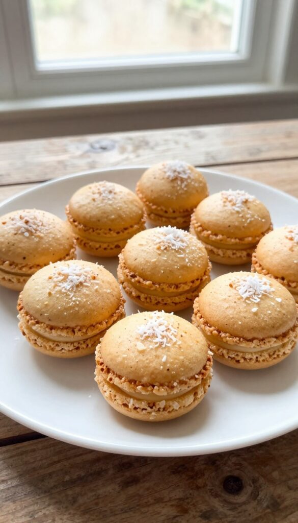 Freshly baked evaporated milk coconut macaroons on a white plate, showcasing their golden-brown color and chewy texture in natural light.
