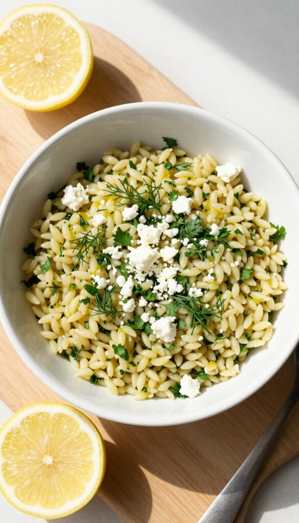 A bowl of lemon herb orzo salad with feta cheese on a wooden table.