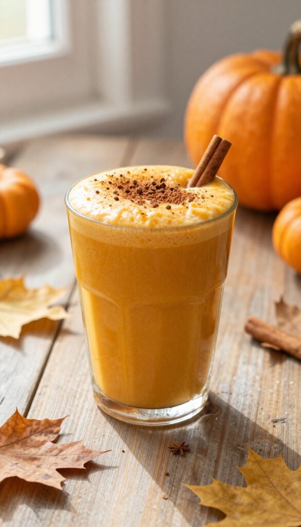 A creamy spiced pumpkin pie smoothie in a glass with autumn decorations, showcasing fall flavors in a photorealistic style for blog inspiration.