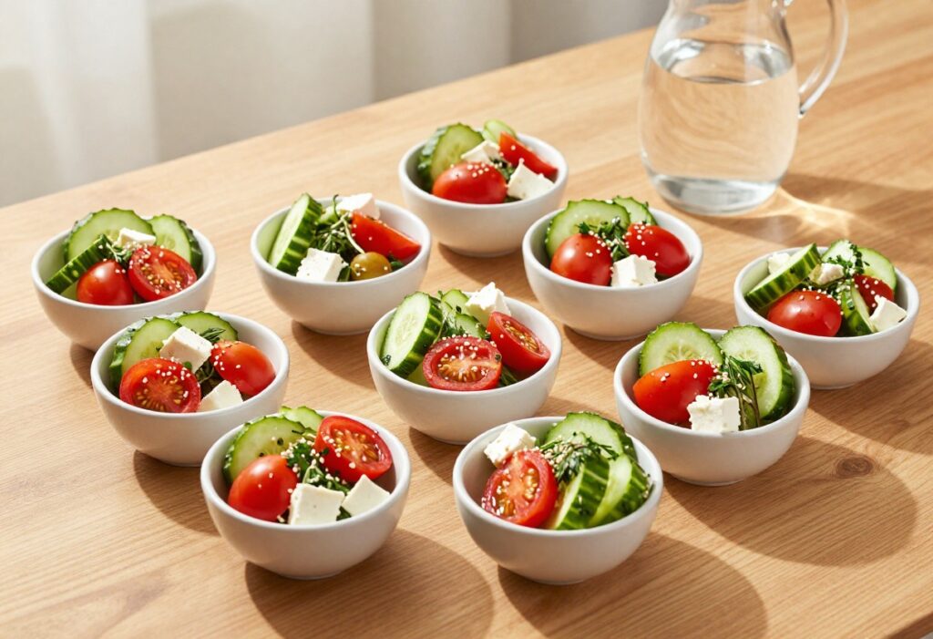 Eight different cucumber salads in small bowls on a wooden table, garnished with herbs and vegetables.