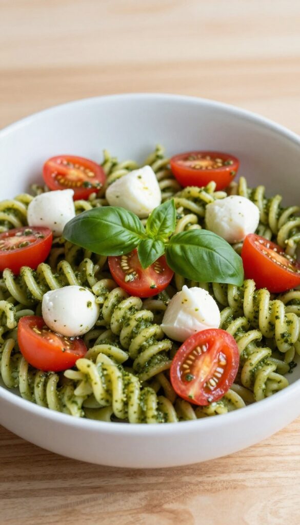 Chilled pesto pasta salad with cherry tomatoes and mozzarella in a white bowl