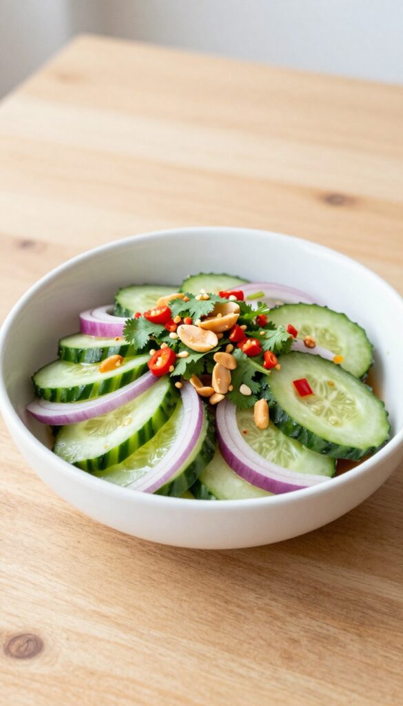 A close-up of a Thai-style cucumber salad with cucumbers, red onion, chili, peanuts, and cilantro in a bowl, showcasing fresh, crisp ingredients ideal for meal prep.