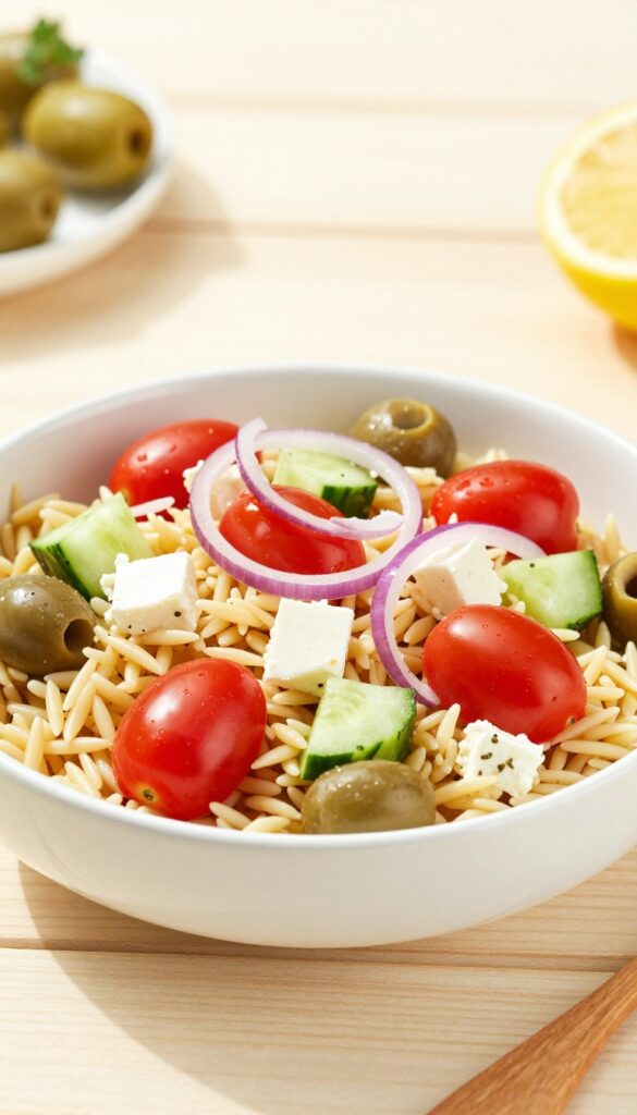 Greek orzo pasta salad with feta, olives, cucumber, and cherry tomatoes in a white bowl on a wooden table.