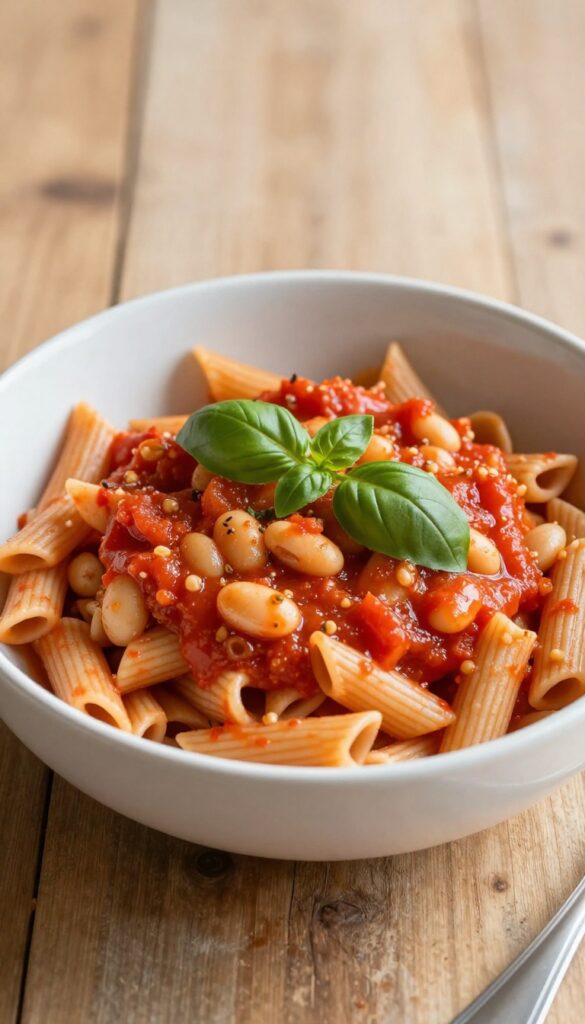A bowl of tomato basil whole wheat pasta with white beans, showcasing a cholesterol-friendly recipe with fresh ingredients and a clean presentation.
