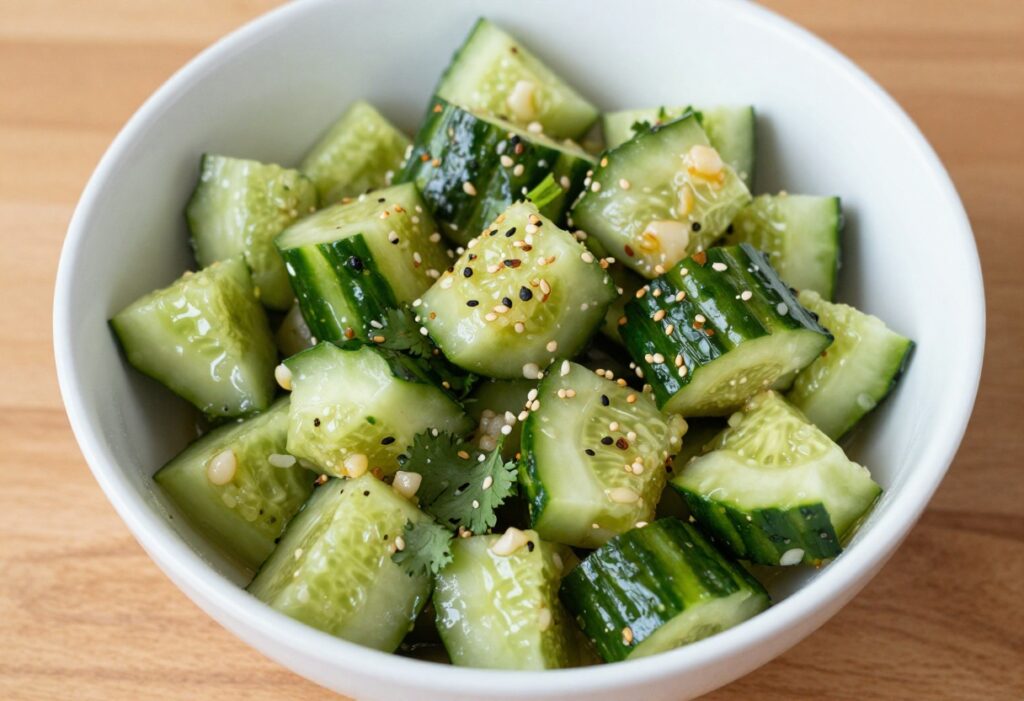Smashed cucumber salad with garlic and savory dressing in a white bowl