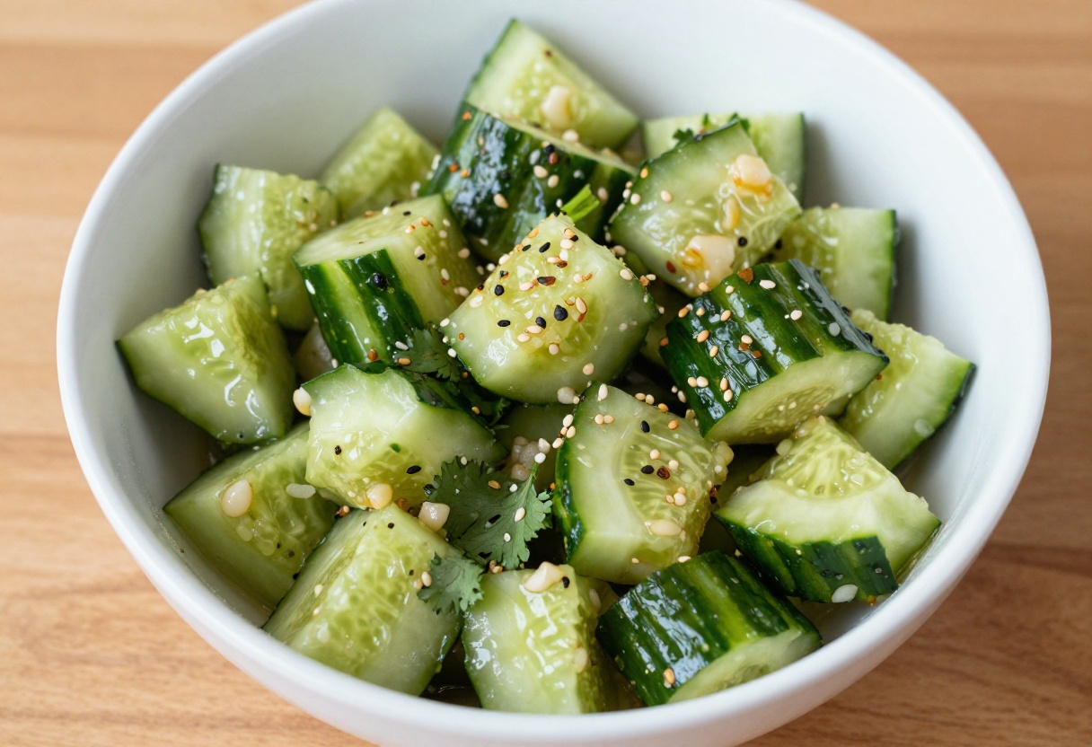 Smashed cucumber salad with garlic and savory dressing in a white bowl