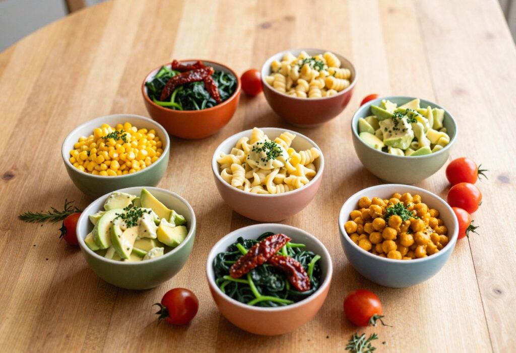 Eight bowls of creamy pasta salads arranged on a wooden table, each with distinct colors and ingredients.