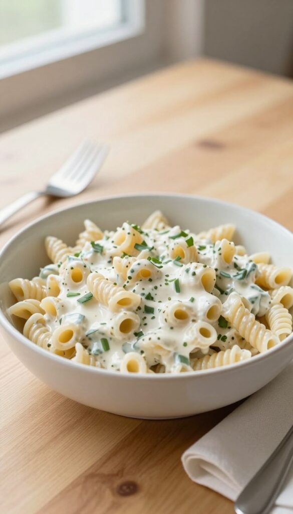 Ranch pasta salad with fork on a wooden table
