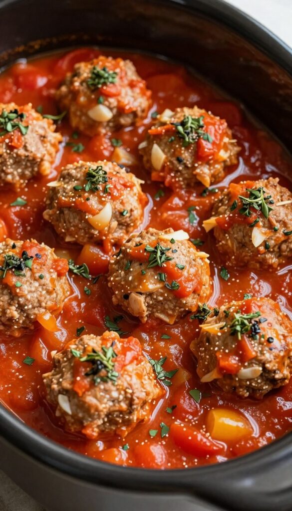 CrockPot Mediterranean turkey meatballs in tomato sauce, garnished with herbs, in a slow cooker under natural light.