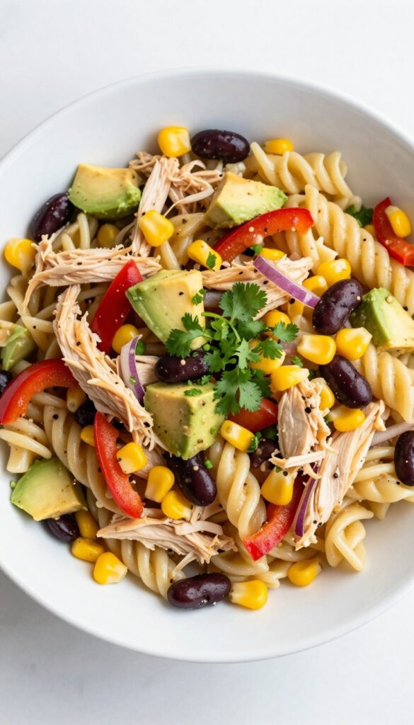Cold chicken pasta salad with avocado, corn, black beans, and Italian dressing in a white bowl.