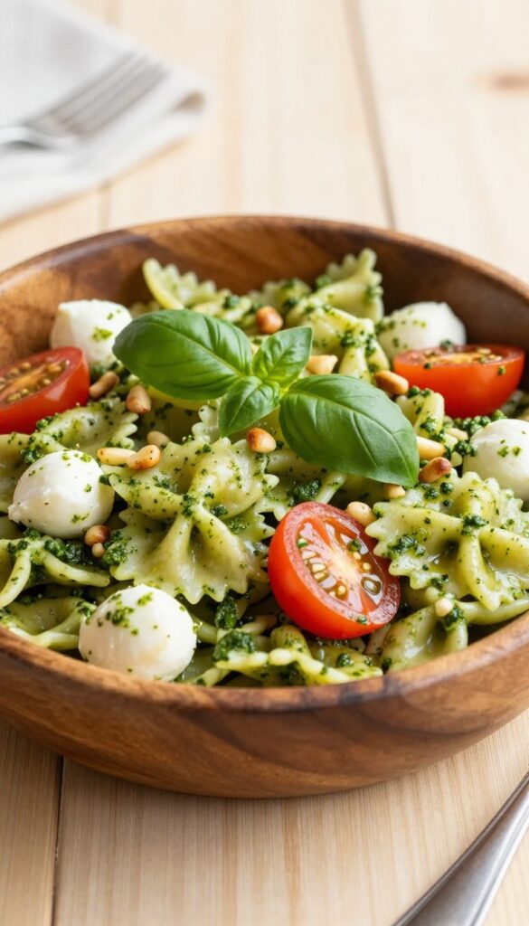 Pesto Caprese Pasta Salad with cherry tomatoes and mozzarella in a wooden bowl
