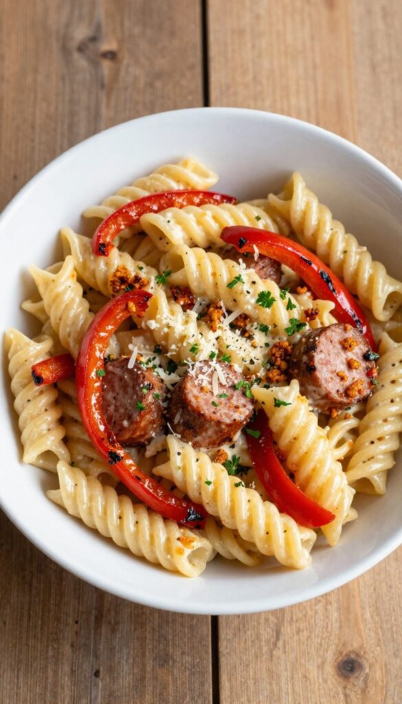 Creamy Italian sausage and roasted pepper pasta salad in a white bowl on a wooden table.