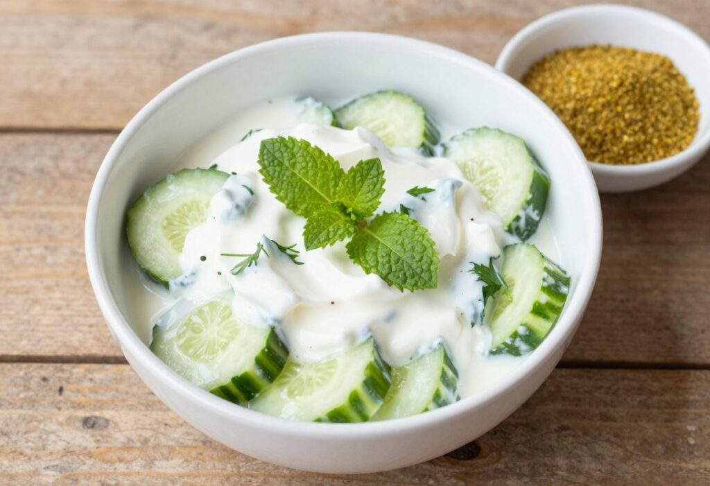 Bowl of Indian-style yogurt cucumber salad with fresh herbs and tadka spices on a wooden table.