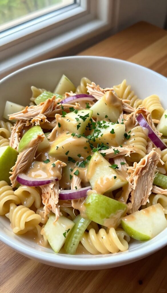 Honey mustard chicken pasta salad with rotini, chicken, apple, celery, and parsley in a white bowl on a wooden table.