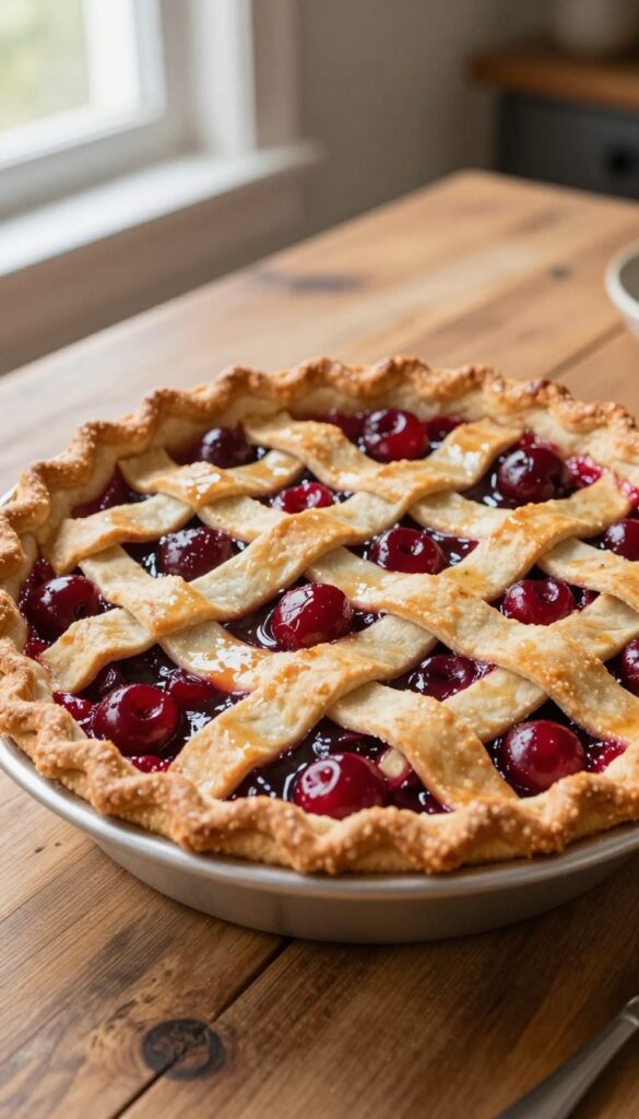 A freshly baked old-fashioned cherry pie with a golden lattice crust and glossy cherry filling, presented on a rustic wooden table in natural light.