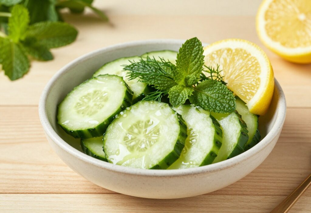 Overhead view of a fresh cucumber salad with herbs and lemon in a bowl on a wooden table