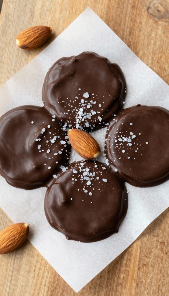Dark chocolate almond clusters on parchment paper with sea salt, overhead view