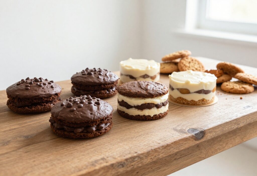 An assortment of biscuit-based desserts on a wooden table, showcasing creamy, crunchy, and chocolatey options in natural light.