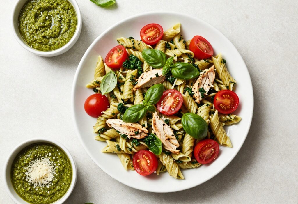 Overhead view of chicken pesto pasta salad on a white platter with basil and tomatoes