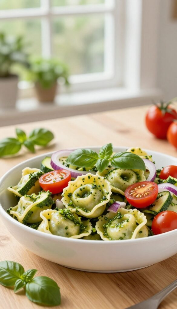 Tortellini pasta salad with pesto and fresh vegetables in a white bowl on a wooden table