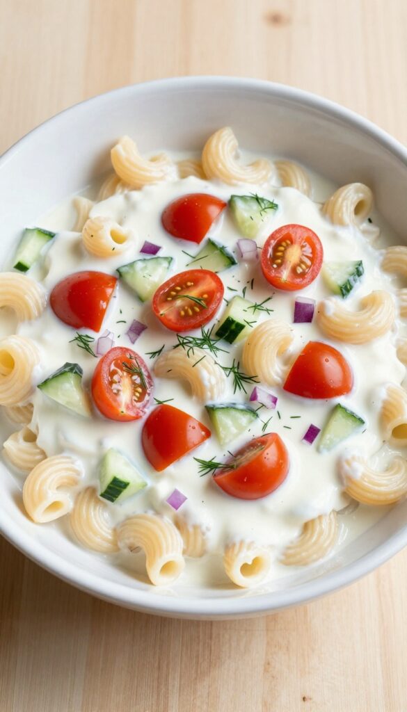 Creamy Greek yogurt ranch macaroni salad in a white bowl on a wooden table.