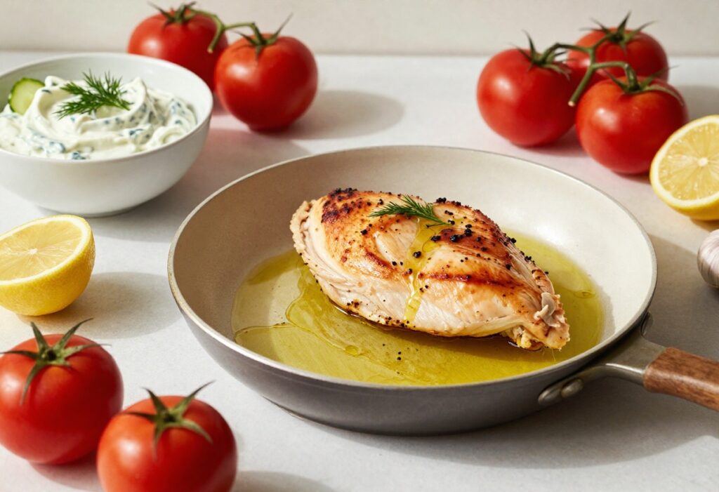 A vibrant Mediterranean meal featuring lemon garlic chicken and tzatziki on a sunlit kitchen counter, representing high-protein recipes.