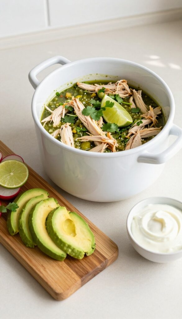 Crockpot filled with salsa verde chicken topped with cilantro and lime, with avocado and radish sides on a wooden board