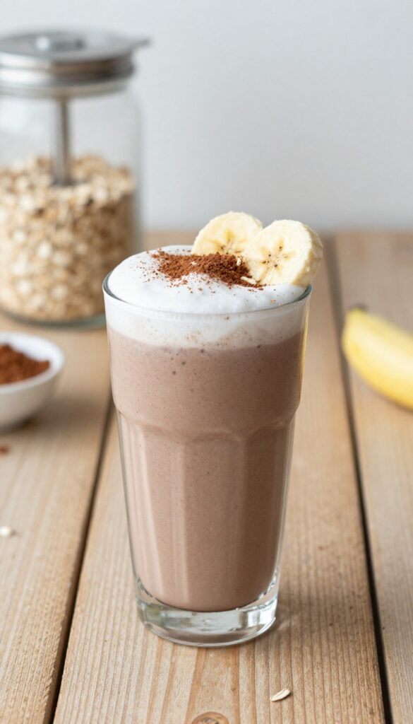 A creamy chocolate banana oatmeal shake in a glass on a wooden table, topped with cinnamon and banana slices.
