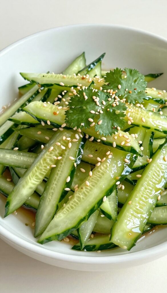 A bowl of spicy sesame cucumber ribbons salad with sesame seeds and cilantro garnish, ready to serve as a side dish for simple family meals.