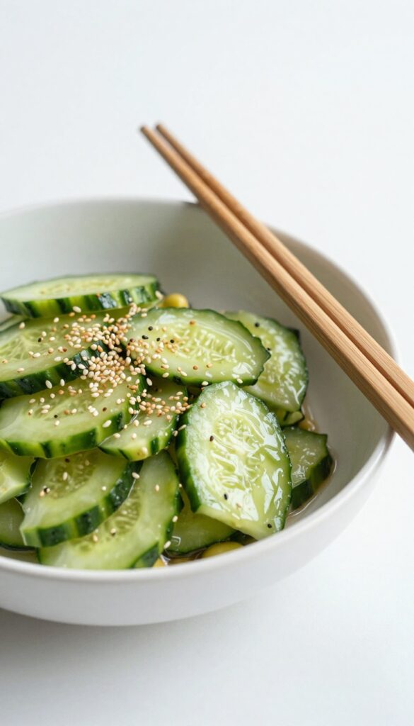 Sesame soy cucumber salad in white bowl with chopsticks