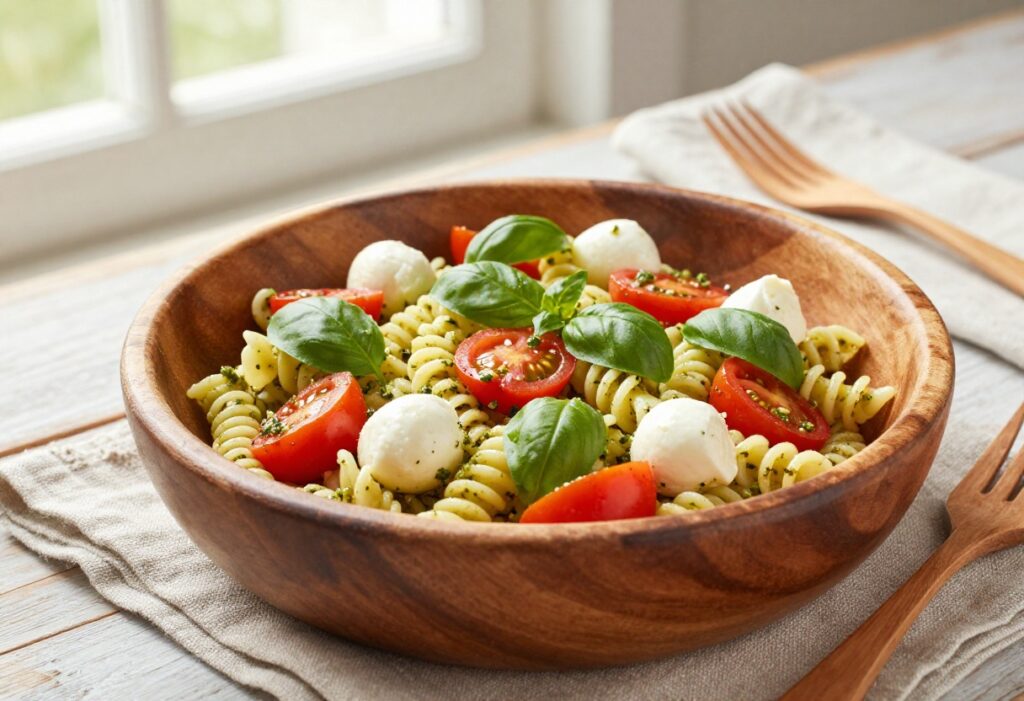 A bowl of pesto pasta salad with cherry tomatoes and mozzarella on a wooden table