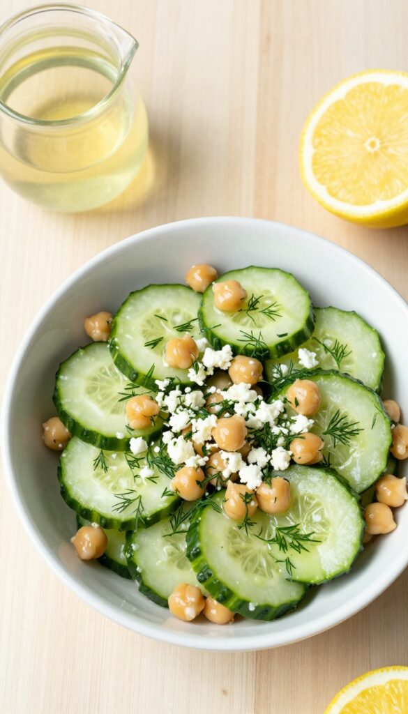 Lemon-Dill Cucumber and Chickpea Salad in a white bowl with fresh dill and feta