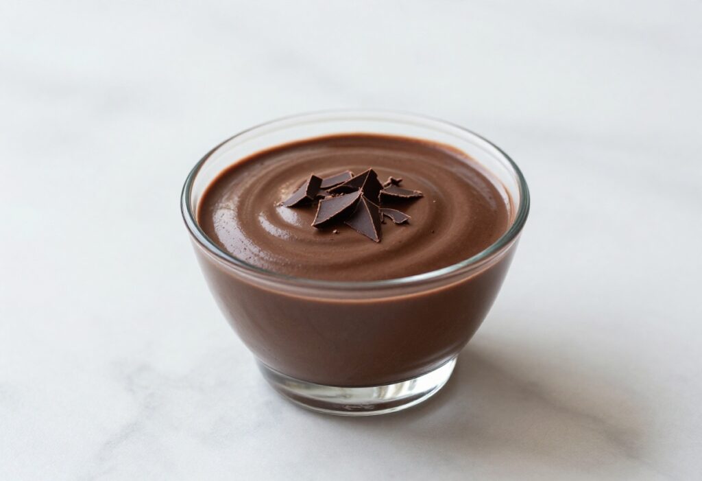 Rich dark chocolate mousse in a glass bowl with chocolate shavings on marble countertop