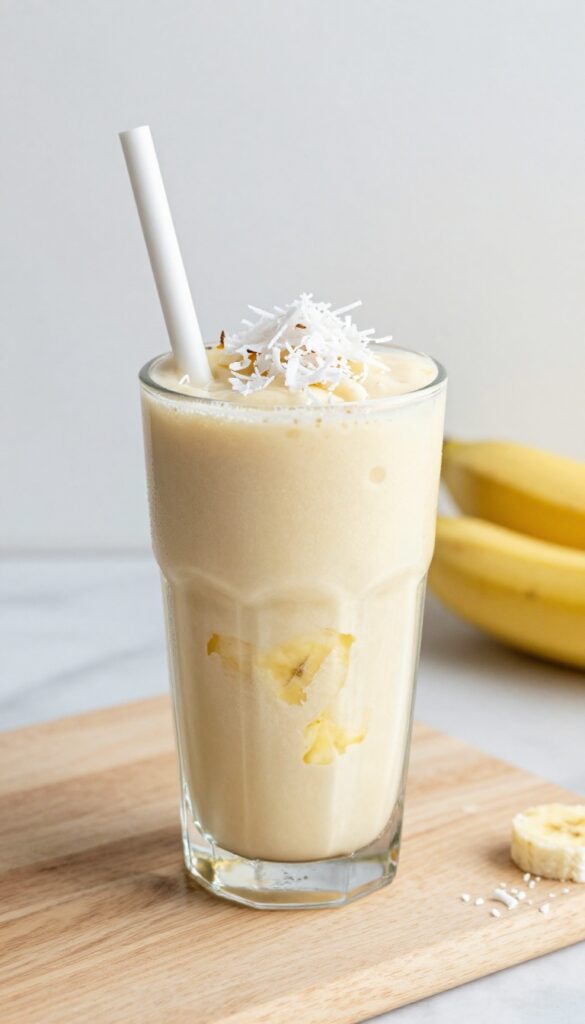 A creamy banana coconut smoothie with pineapple in a glass, garnished with shredded coconut, on a clean background.