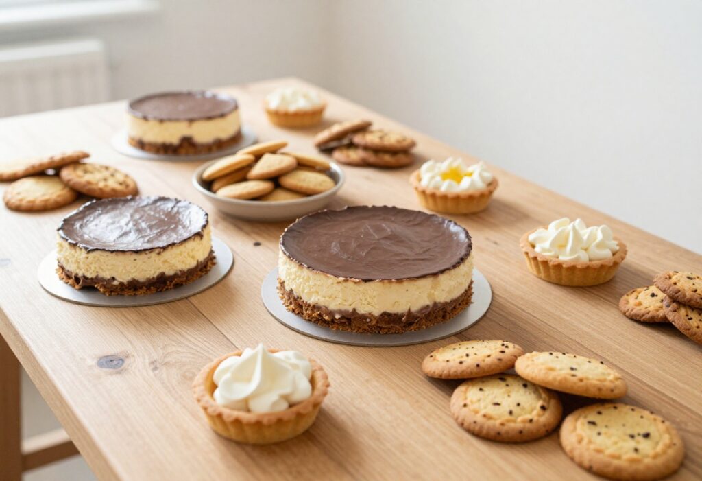 A visually appealing arrangement of various sweet desserts, such as chocolate cheesecake, cookies, and tarts, on a rustic wooden table, representing easy and delicious recipes for a blog article.