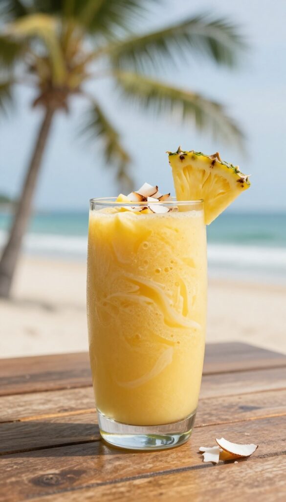 A tall glass of tropical pineapple and coconut cream smoothie garnished with pineapple wedge and toasted coconut flakes, set on a wooden table with a beach background